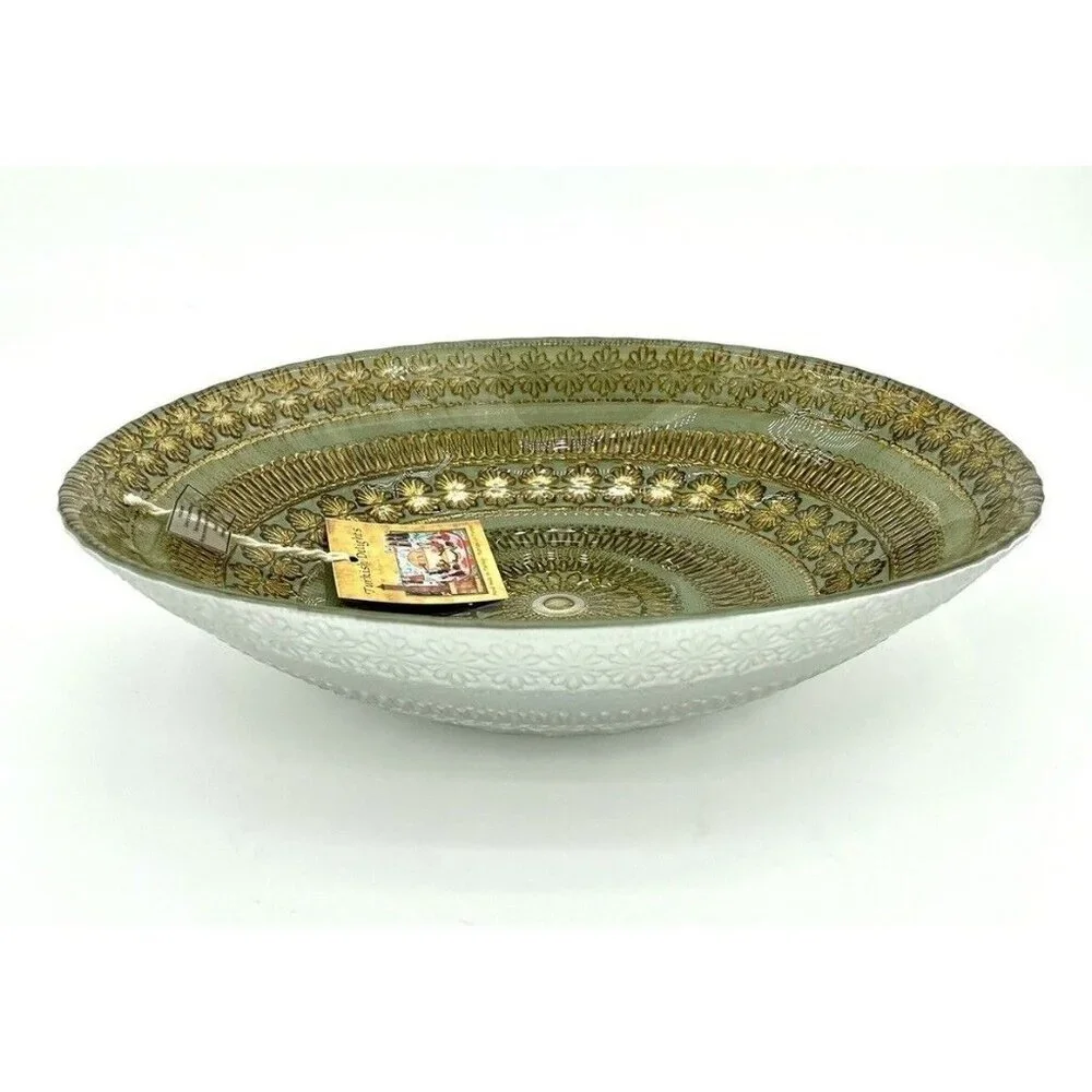 Turkish Delights Glass Oval Bowl Serving Salad Dinner Green Gold Handmade NWT